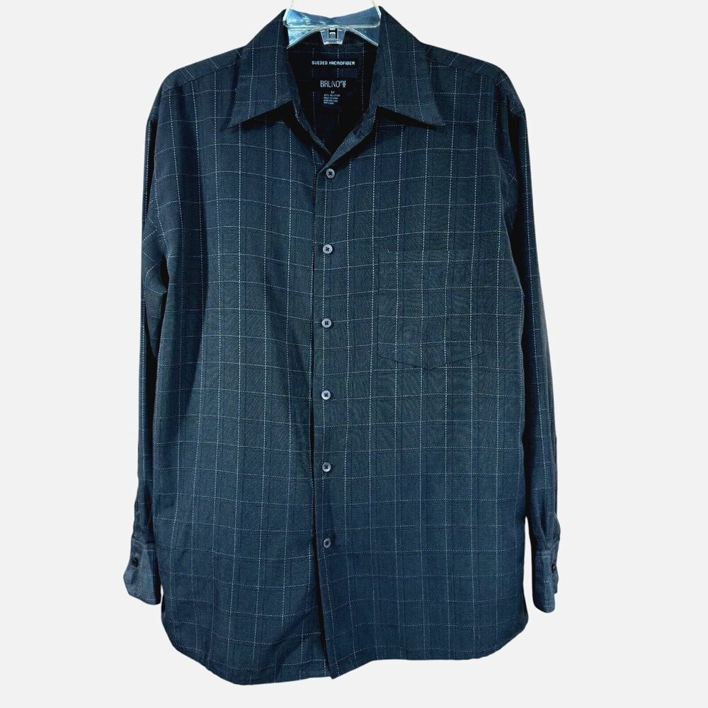 Bruno Sueded Microfiber Slate Gray Windowpane Shirt L Quiet Luxury Button-Up